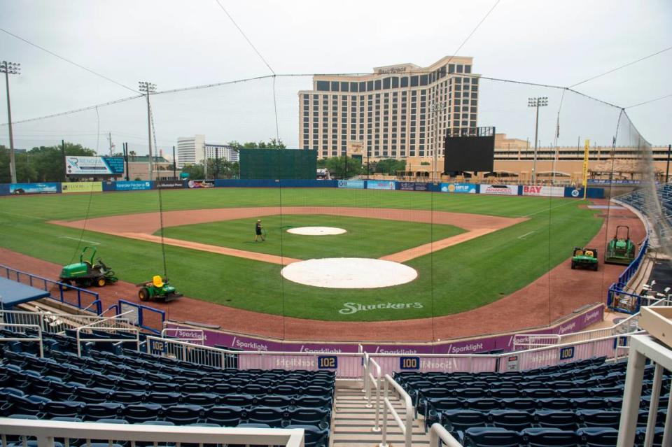 Groundskeepers maintain the field at Shuckers Ballpark on Friday, May 10, 2024. During offseason renovations, the infield was updated to specifications more similar to the Brewers’ Field.