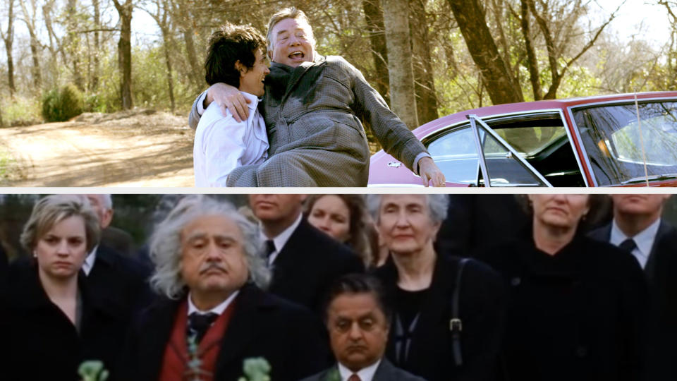 Will holding Edward; the characters at Edward's funeral