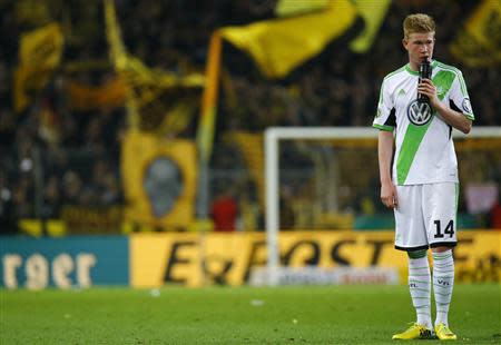 VfL Wolfsburg's Kevin De Bruyne reacts after the German soccer cup (DFB Pokal) semi-final match against Borussia Dortmund in Dortmund April 15, 2014. Dortmund won teh match 2-0. REUTERS/Kai Pfaffenbach