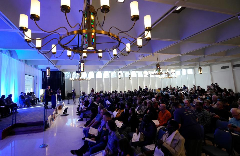 A total of 547 showed up virtually and in-person to discuss safety solutions for housing situations with Common Ground leaders Sunday, Nov. 12, 2023, at Mount Mary University in Milwaukee. Ebony Cox / Milwaukee Journal Sentinel