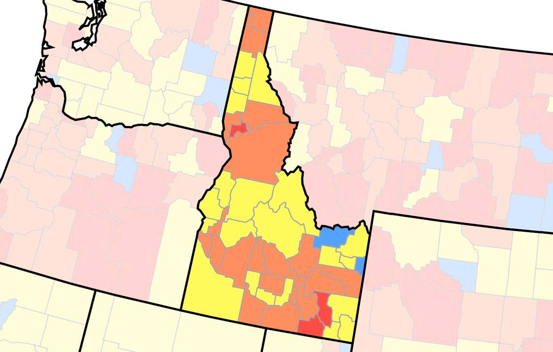 This is the U.S. Centers for Disease Control and Prevention’s latest COVID-19 community transmission map. It shows what areas of Idaho are at the highest risk for spread of the disease based on the number of positive test results. As of Thursday, only Lewis, Bannock and Oneida counties are in the high-risk category, or red zone. The orange areas of the map show a “substantial” level of transmission.