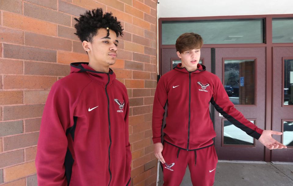 Nyack basketball players Kameron Kukielczak, left, and Harrison Jordan at Nyack High School Feb. 11, 2022.