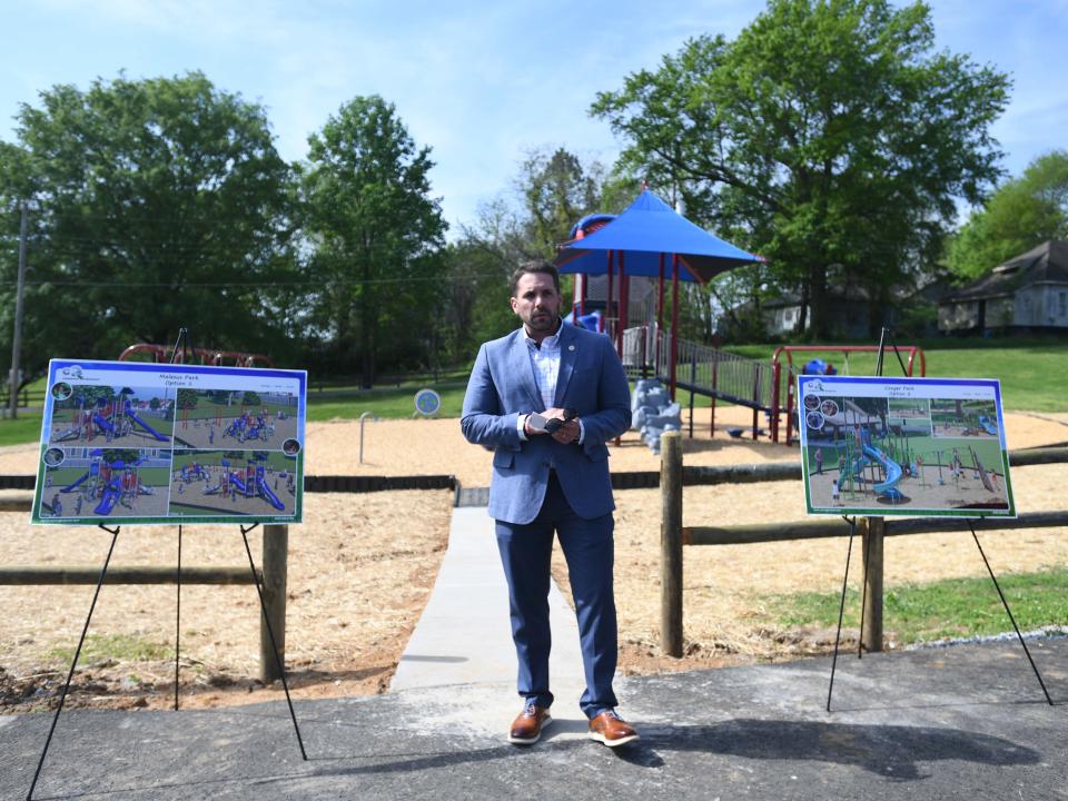 Jakcson Mayor Scott Conger speaks during the unveiling of the newly renovated Paradise Park playground in Jackson, Tenn., on Monday, April 15, 2024. Paradise Park is one of three parks in the city to recieve new playgrounds.