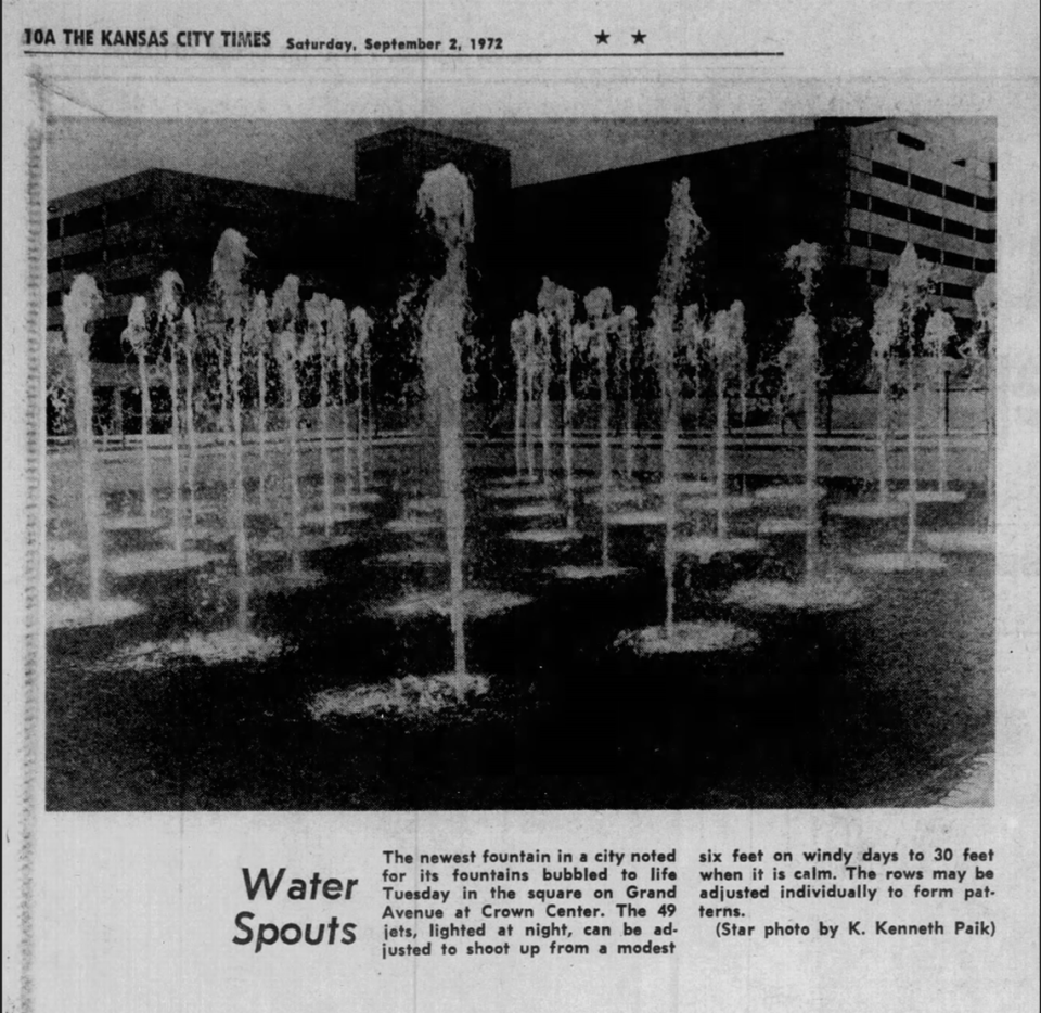 A newspaper spot announced the opening of the Crown Center fountains in a Sept. 2, 1972 edition of The Kansas City Times. K. Kenneth Paik/Kansas City Times archives