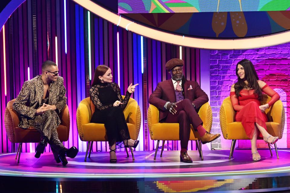 Layton Williams, Arielle Free, Levi Roots and Ekin-Su speaking on Celebrity Big Brother: Late and Live. (James Veysey/Shutterstock) (14389942ba)
