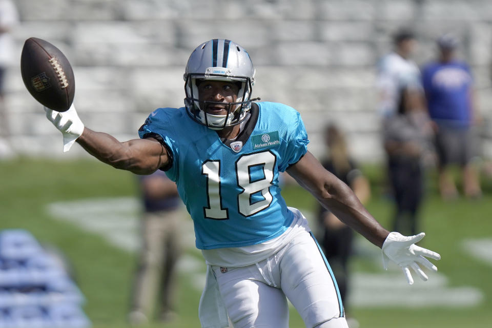 Carolina Panthers wide receiver Andre Roberts makes a catch during an NFL football joint practice with the New England Patriots, Tuesday, Aug. 16, 2022, in Foxborough, Mass. (AP Photo/Steven Senne)