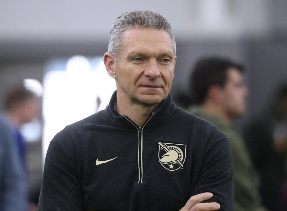 Army head coach Jeff Monken during pro day at West Point March 16, 2023.<br>Army Football Pro Day