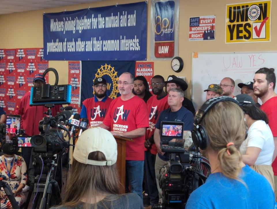 Shawn Fain, UAW president, speaks to reporters Friday after the Mercedes-Benz workers voted no on joining a union.