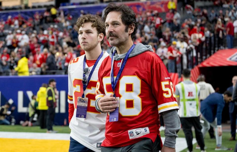 Chiefs superfan Paul Rudd, who grew up in Overland Park, took his son, Jack, to the Super Bowl in Las Vegas in February. Rudd wore a No. 58 Chiefs jersey in memory of Derrick Thomas, the Chiefs player who died after a car crash in February 2000. Nick Wagner/nwagner@kcstar.com