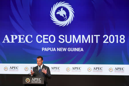 Prime Minister of Russia Dmitry Medvedev speaks during the APEC CEO Summit 2018 at Port Moresby, Papua New Guinea, 17 November 2018. Fazry Ismail/Pool via REUTERS