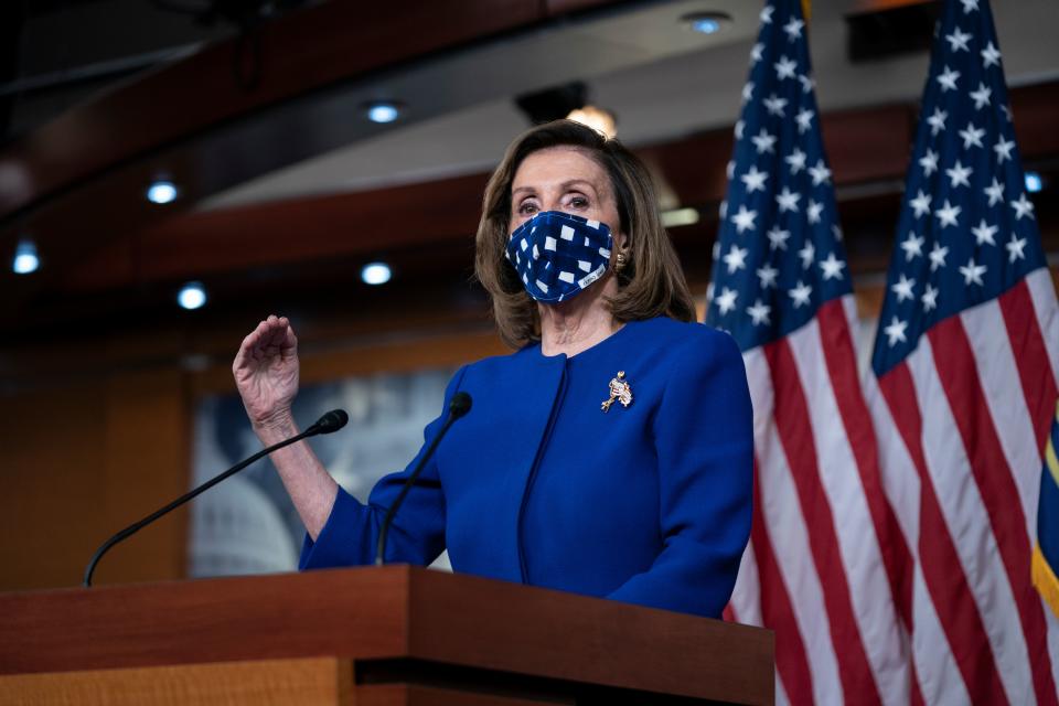 US Speaker of the House, Nancy Pelosi, Democrat of California, holds her weekly press briefing on Capitol Hill in Washington, DC, on October 22, 2020. (Photo by Alex Edelman / AFP) (Photo by ALEX EDELMAN/AFP via Getty Images)