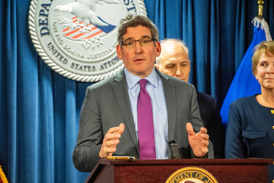 Joshua Levy, acting U.S. Attorney for Massachusetts, speaks at a press conference, after Jack Teixeira pleaded guilty, in Boston, Massachusetts on March 4, 2024. The U.S. Air National Guardsman, who was charged with leaking top secret Pentagon documents online, pleaded guilty in federal court to six counts of willfully retaining and distributing national defense documents under the Espionage Act.