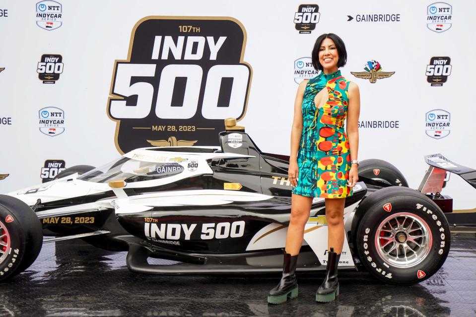 2023 Grand Marshall, Stephanie Beatriz, walks the red carpet on Sunday, May 28, 2023, before the 107th running of the Indianapolis 500 at Indianapolis Motor Speedway. 