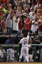 ARLINGTON, TX - OCTOBER 23: Mike Napoli #25 of the Texas Rangers receives a curtain call after hitting a three-run home run in the sixth inning during Game Four of the MLB World Series against the St. Louis Cardinals at Rangers Ballpark in Arlington on October 23, 2011 in Arlington, Texas. (Photo by Ezra Shaw/Getty Images)