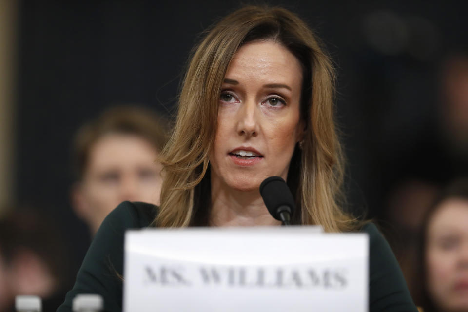 Jennifer Williams, an aide to Vice President Mike Pence testifes before the House Intelligence Committee on Capitol Hill in Washington, Tuesday, Nov. 19, 2019, during a public impeachment hearing of President Donald Trump's efforts to tie U.S. aid for Ukraine to investigations of his political opponents. (AP Photo/Andrew Harnik)