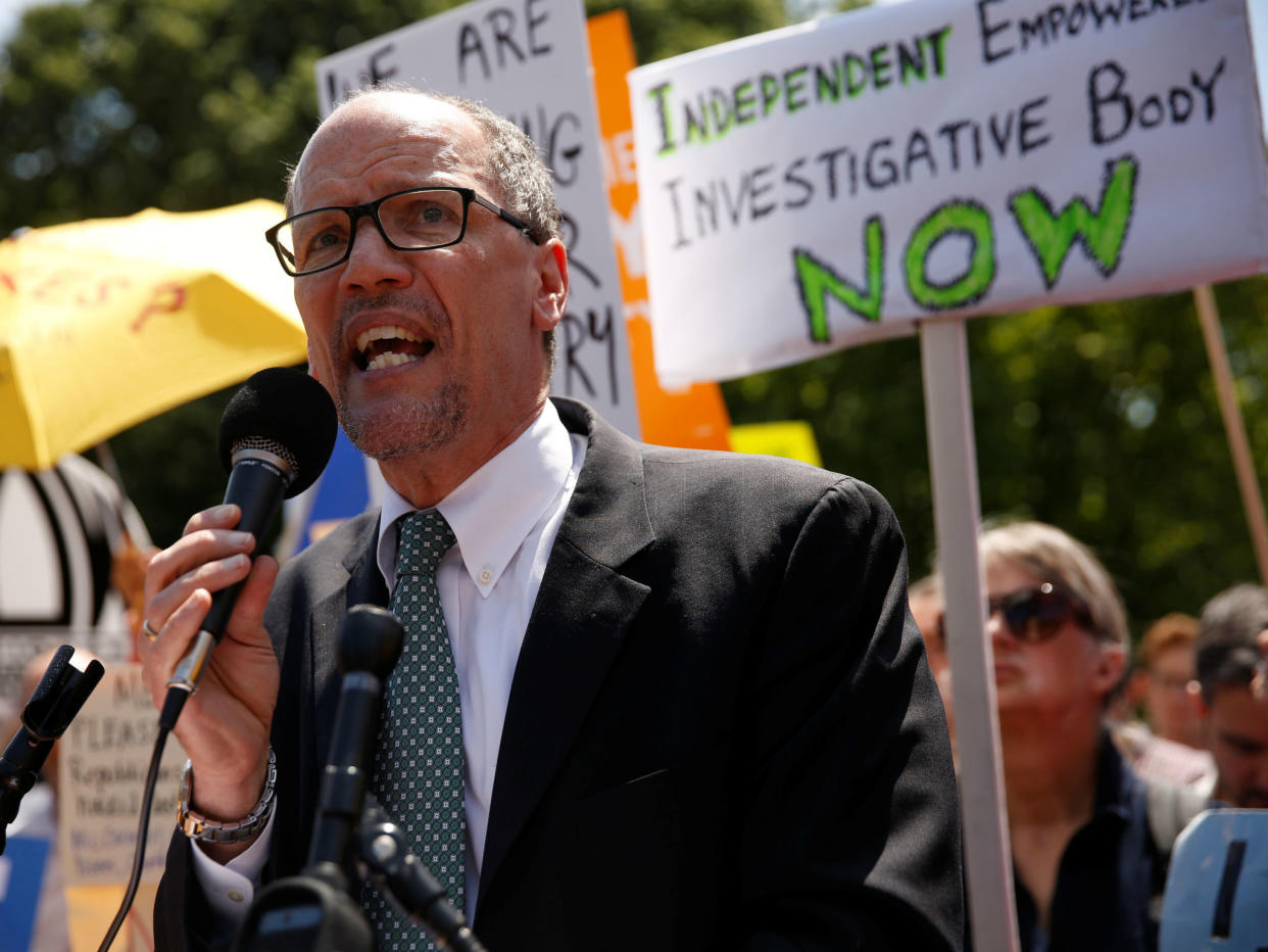 Democratic National Committee Chairman Tom Perez, seen here protesting Donald Trump's firing of FBI director James Comey outside the White House on May 10, 2017, is predicting more charges in Robert Mueller's investigation: REUTERS/Jonathan Ernst