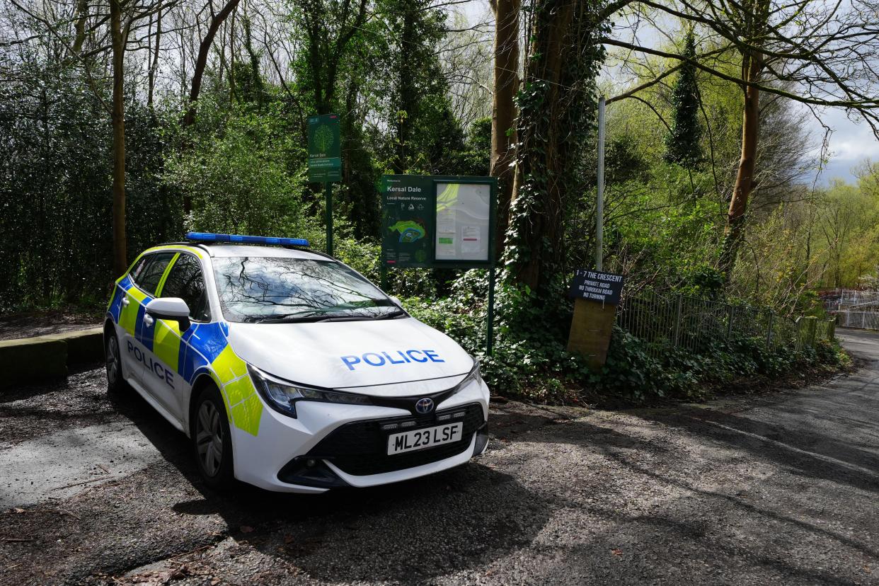 A police car parked at the entrance to Kersal Dale, near Salford, Greater Manchester, where a major investigation has been launched after human remains were found on Thursday evening. Greater Manchester Police (GMP) said officers were called by a member of the public who found an 