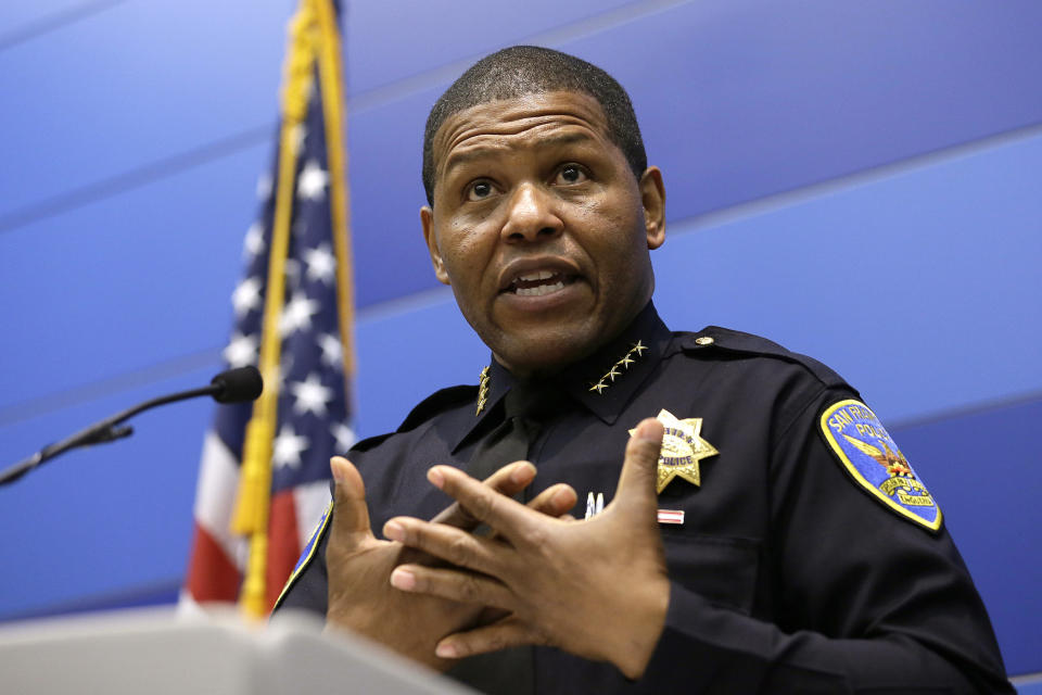 FILE - San Francisco Police Chief Bill Scott answers questions during a news conference on May 21, 2019, in San Francisco. The liberal city of San Francisco became the unlikely proponent of weaponized police robots on Tuesday, Nov. 29, 2022, after supervisors approved limited use of the remote-controlled devices, addressing head-on an evolving technology that has become more widely available even if it is rarely deployed to confront suspects. (AP Photo/Eric Risberg, File)