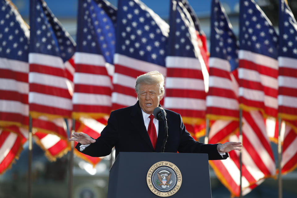 FILE - President Donald Trump speaks to crowd before boarding Air Force One at Andrews Air Force Base, Md., in this Wednesday, Jan. 20, 2021, file photo. Former President Donald Trump will find out this week whether he gets to return to Facebook. The social network’s quasi-independent Oversight Board says it will announce its decision Wednesday, May 5 on a case concerning the former president. Trump's account was suspended for inciting violence that led to the deadly Jan. 6 Capitol riots. (AP Photo/Luis M. Alvarez, File)