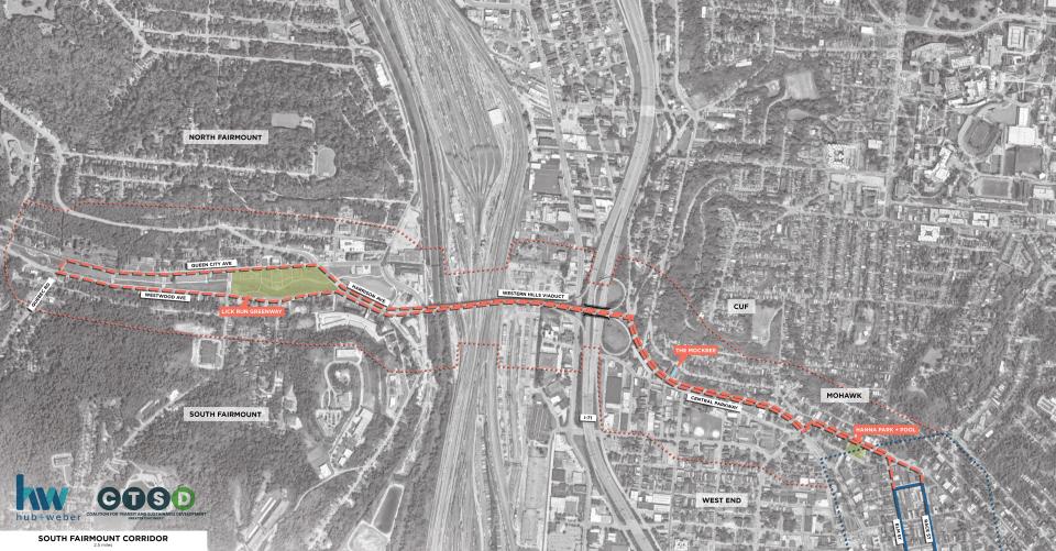 The South Fairmount route, at 2.5 miles, would cross on the Western Hills Viaduct, then loop around Lick Run Greenway.