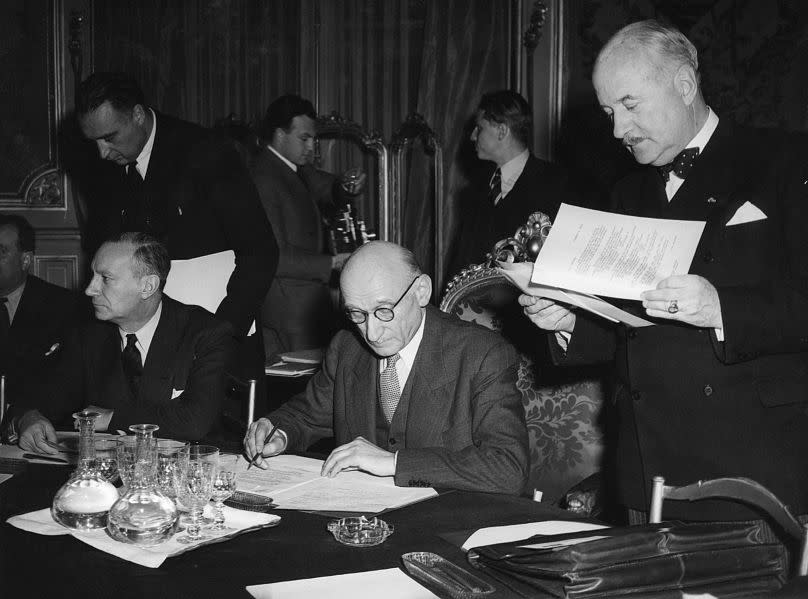 Robert Schuman (pictured in the centre) is considered one the founding fathers of the European Union.
