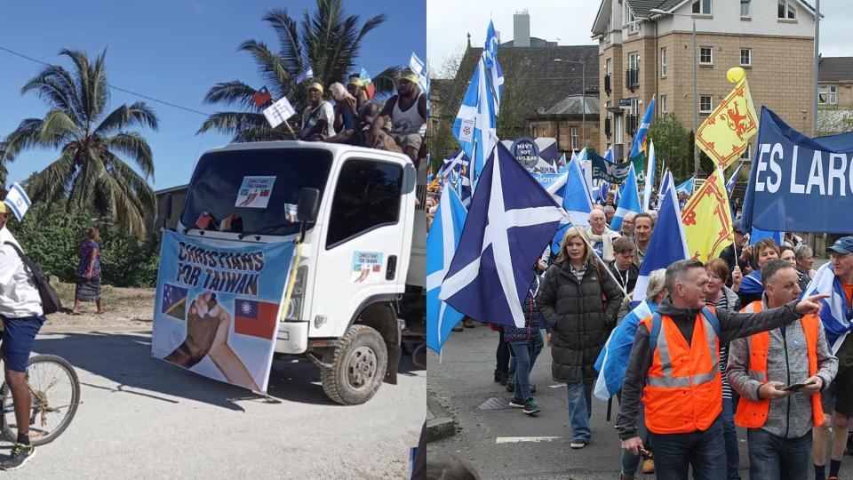 左為索羅門群島的最大省馬萊塔人民不滿索國外交轉向中國，2019 年 9 月上街遊行挺台；右為 2018 年的蘇格蘭獨立遊行。（圖片來源／左截自索國記者 Michael Field 推特、右為 Azerifactory, CC Licensed）
