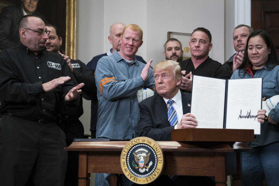 WASHINGTON, DC - MARCH 8: President Donald Trump signs the Section 232 Proclamations on Steel and Aluminum Imports during a ceremony in the Roosevelt Room at the White House in Washington, DC on Thursday, March 08, 2018. (Photo by Jabin Botsford/The Washington Post via Getty Images)