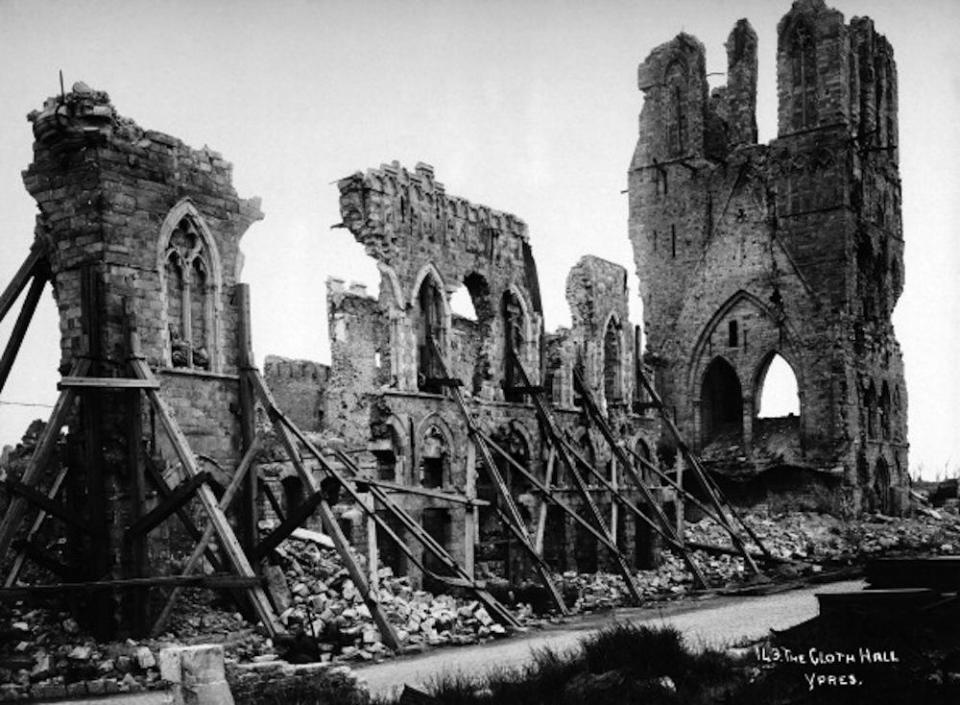 Remains of the Cloth Hall at Ypres in Belgium, photographed soon after the end of World War One, circa March 1919. This image is from a series documenting the damage and devastation that was caused to towns and villages along the Western Front in France and Belgium during the First World War. (Photo by Popperfoto/Getty Images)