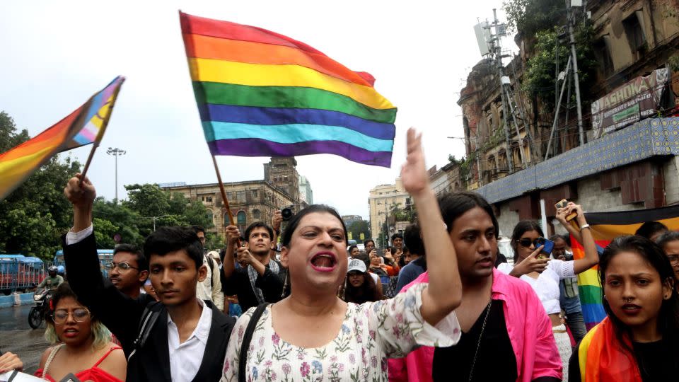 Members and supporters of LGBTQ  community holld rainbow flag while taking part in the annual  LGBTQ Pride Parade.  - Dipa Chakraborty/Eyepix Group/Future Publishing/Getty Images