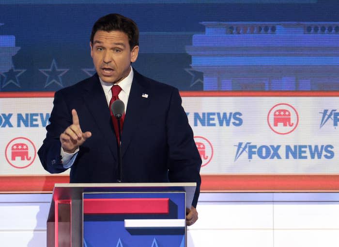 Closeup of Ron DeSantis speaking during the debate