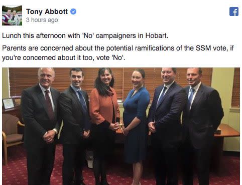 Tony Abbott posted a picture of his meeting with 'No' campaigners on his Facebook page on Thursday. Source: Facebook