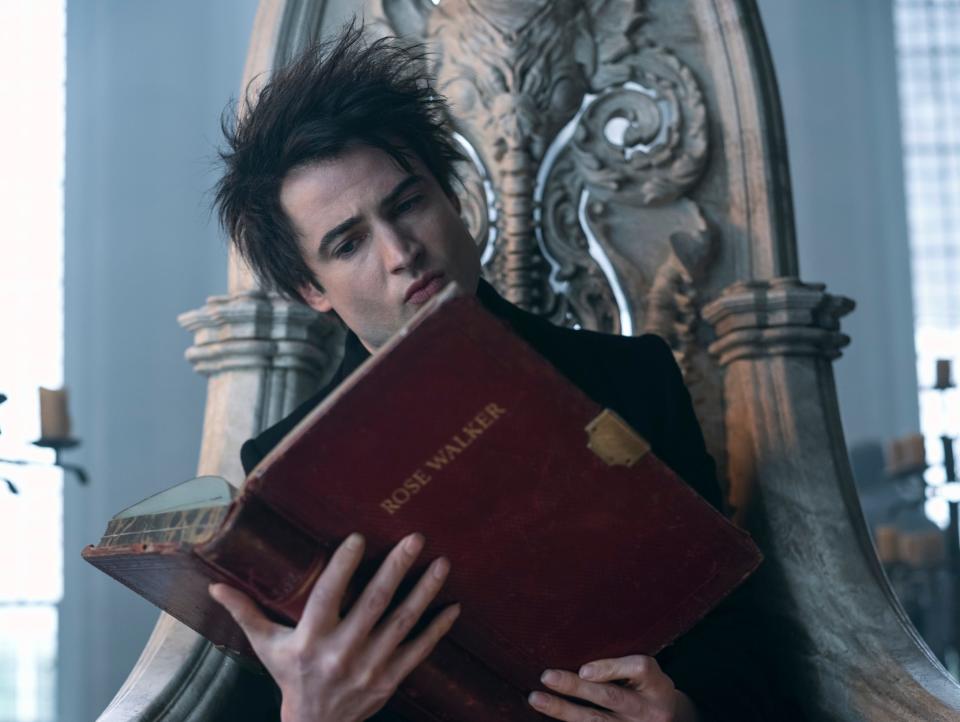 tom sturridge as dream in the sandman, a young man with wild brunette hair, sitting on a stone throne and holding a large, red tome with the text "rose walker" on the front. his hands are splayed across the back of the book and he is reading it intently