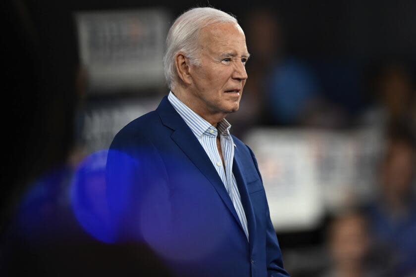 FILE - President Joe Biden looks on at a campaign rally in Raleigh, N.C., June 28, 2024. If President Biden successfully resists some extraordinary calls in the media to abandon his reelection effort following last week's debate, he may reflect on the moment MSNBC's Mika Brzezinski looked into the camera Monday, July 1, to begin a 15-minute essay of support. (AP Photo/Matt Kelley, File)