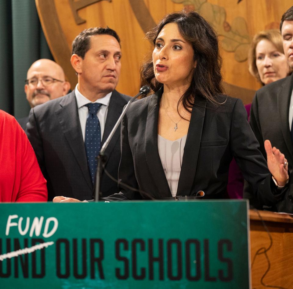 Rep. Gina Hinojosa, D-Austin, speaks to the press as Texas democrats announce the Fully Fund Our Future Act at the Texas Capitol Thursday, Oct. 19, 2023.