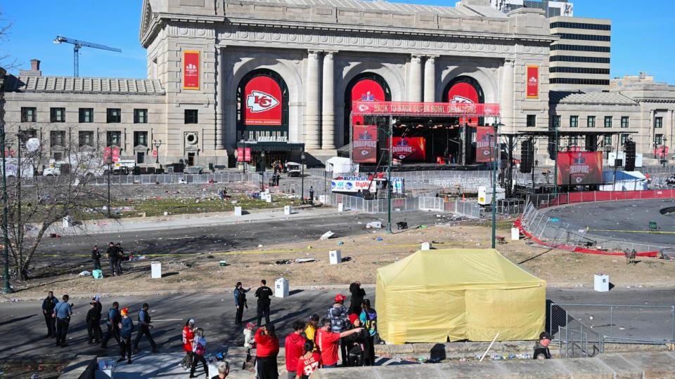 PHOTO: A view of the Union Station area after shots were fired near the Kansas City Chiefs' Super Bowl LVIII victory parade on Feb. 14, 2024, in Kansas City, Mo. (Andrew Caballero-Reynolds/AFP via Getty Images)