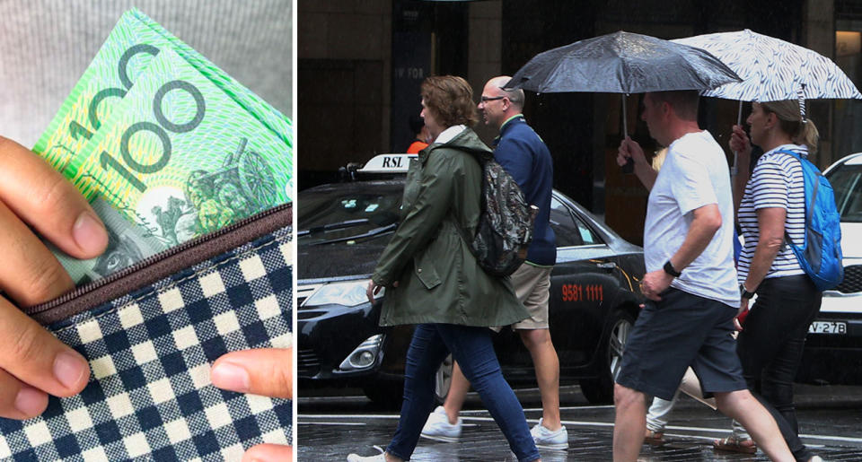 A person removing $100 notes from a wallet to represent the cash payment eligible Aussies will get and a crowd of people walking across the street on a rainy day.