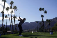 Sam Ryder hits from the 18th tee during the second round of the American Express golf tournament at La Quinta Country Club on Friday, Jan. 21, 2022, in La Quinta, Calif. (AP Photo/Marcio Jose Sanchez)