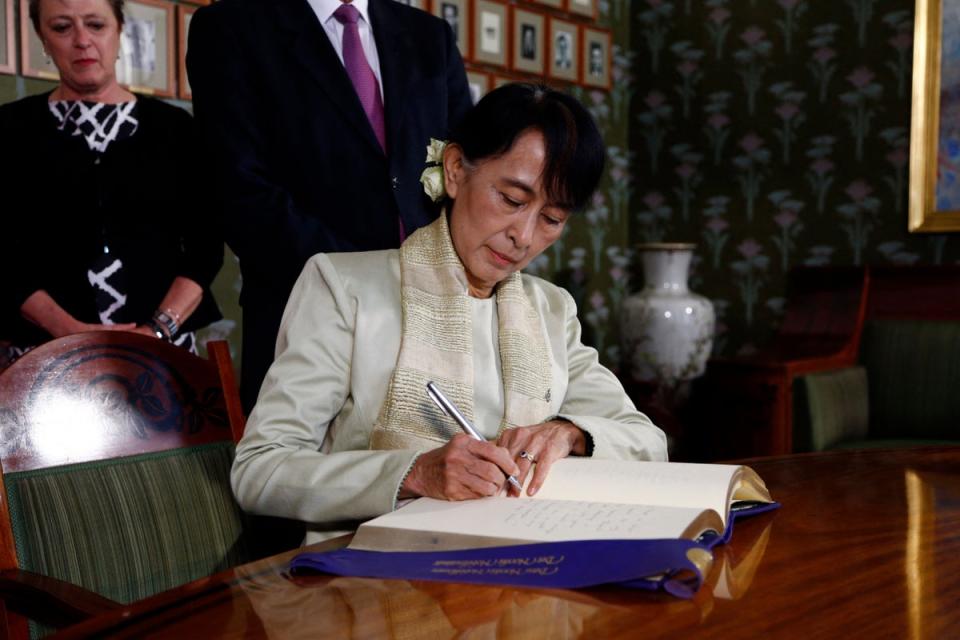 Aung San Suu Kyi  was first arrested after spearheading a non-violent movement of opposition to the  Burmese military junta (Pool/AFP/Getty)