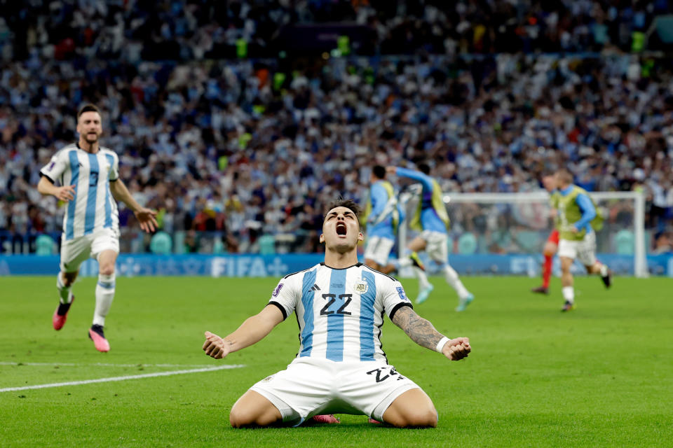 DOHA, QATAR - DECEMBER 9: Lautaro Martinez of Argentina celebrates the victory during the  World Cup match between Holland  v Argentina  at the Lusail Stadium on December 9, 2022 in Doha Qatar (Photo by Rico Brouwer/Soccrates/Getty Images)