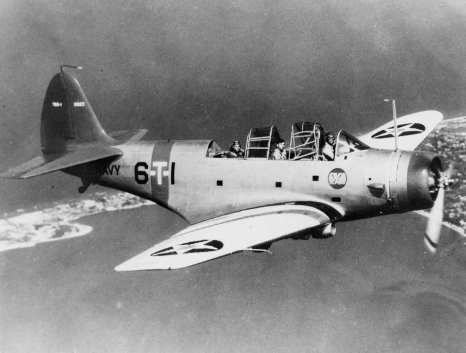 U.S. Navy Douglas TBD-1 Devastator (BuNo 0322) of Torpedo Squadron Six (VT-6) pictured in flight, probably over Virginia, c. 1938/39. <em>U.S. Navy</em>