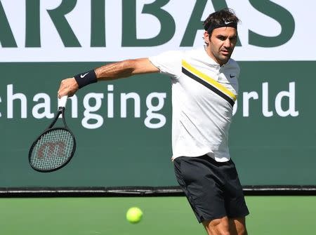 Mar 12, 2018; Indian Wells, CA, USA; Roger Federer (SUI) during his third round match against Filip Krajinovic (not pictured) in the BNP Paribas Open at the Indian Wells Tennis Garden. Mandatory Credit: Jayne Kamin-Oncea-USA TODAY Sports