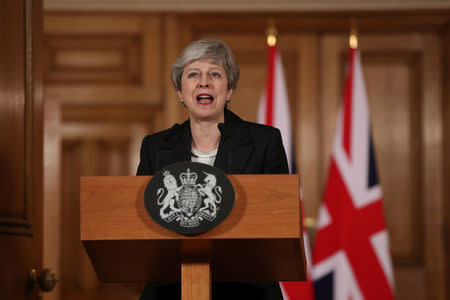 Britain's Prime Minister Theresa May makes a statement about Brexit in Downing Street in London, Britain March 20, 2019. Jonathan Brady/Pool via REUTERS