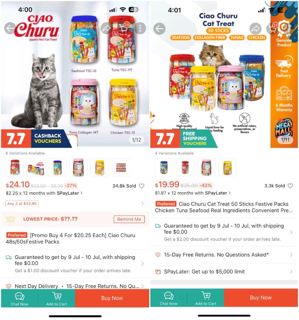 comparison of a product on shopee with and without the cashback label