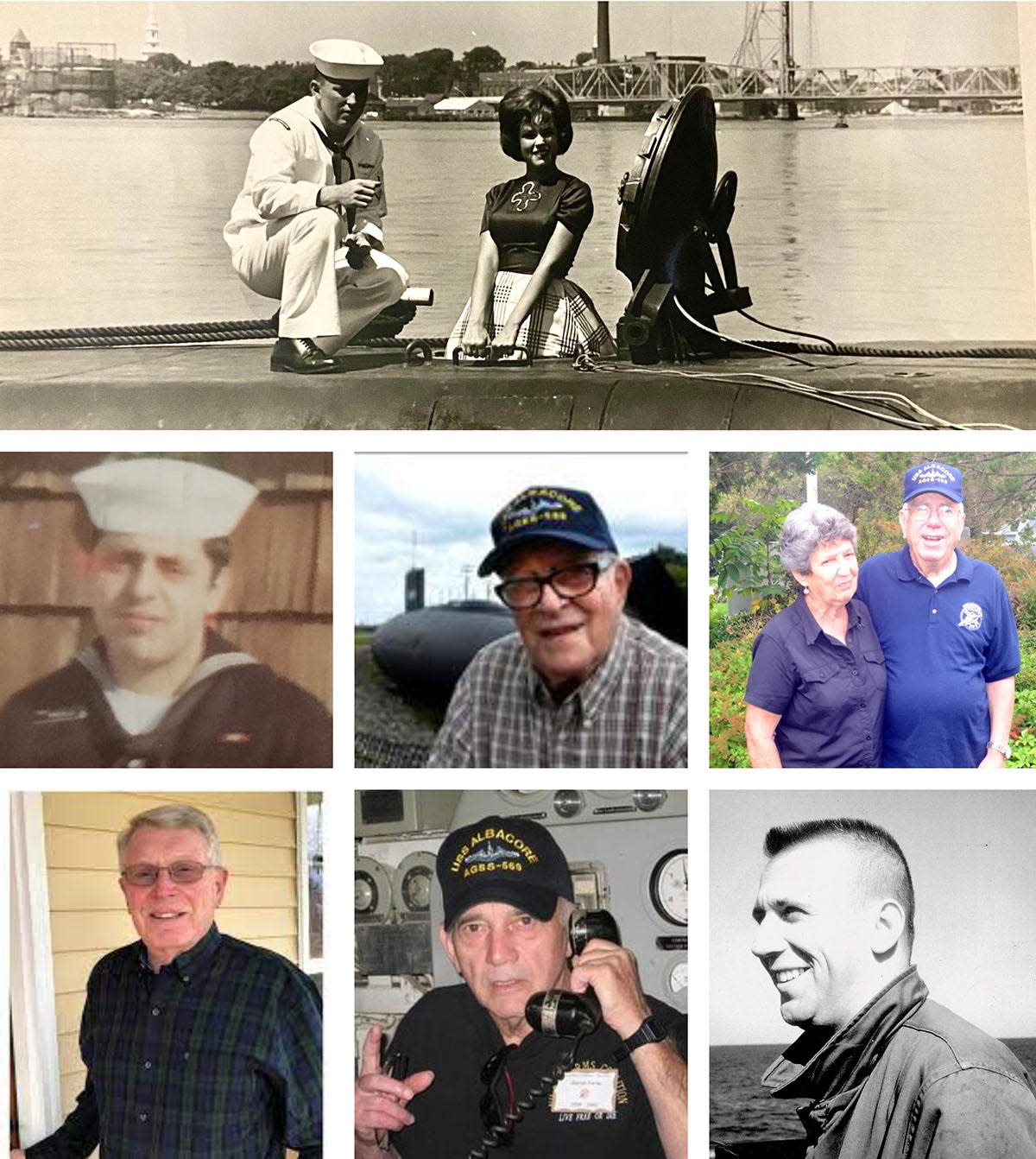 The USS Albacore Museum is honoring veterans of the USS Albacore on Saturdays in 2023, from May 27 into November. This includes, at top, Ashley Fletcher with Kathy Kersh, Miss Rheingold of 1962 (representing a beer company); and middle from left, John Gardiello, the late William Apostolos, Norm Bower, and bottom, from left, Ken Latchaw (the Albacore board's current president and a Newington resident), the late George Horne and Jack Hunter, former president of Friends of Albacore.