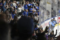 The home crowd celebrates after Toronto scored its third goal against Minnesota, during the second period of Game 1 of a PWHL hockey playoffs semifinal Wednesday, May 8, 2024, in Toronto. (Chris Young/The Canadian Press via AP)
