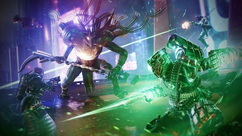 Guardians fight a giant alien on Neptune's cyberpunk city of Neomuna.