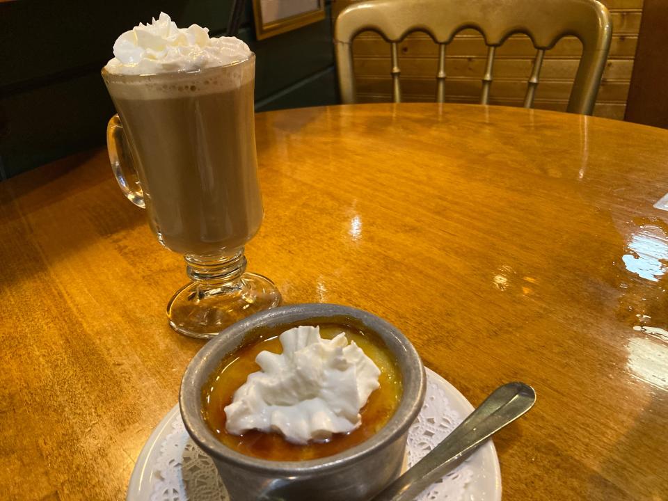 A maple creme brulee and Dutch coffee at the Fire & Ice Restaurant in Middlebury on April 28, 2024.