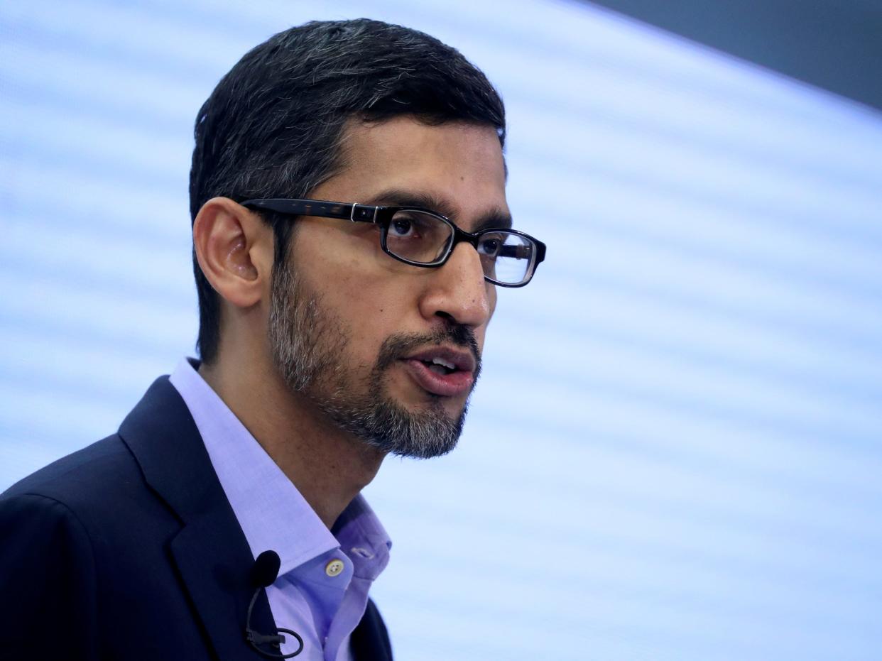 Sundar Pichai, CEO of Google and Alphabet, speaks on artificial intelligence during a Bruegel think tank conference in Brussels, Belgium January 20, 2020.