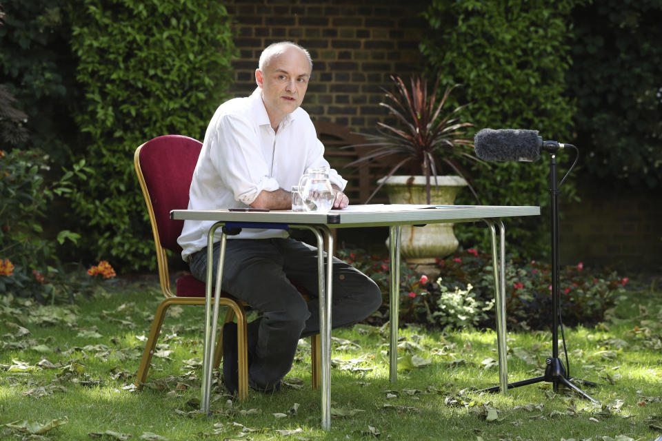 Dominic Cummings, senior aide to Prime Minister Boris Johnson, makes a statement inside 10 Downing Street, London, Monday May 25, 2020, over allegations he breached coronavirus lockdown restrictions. (Jonathan Brady/Pool via AP)