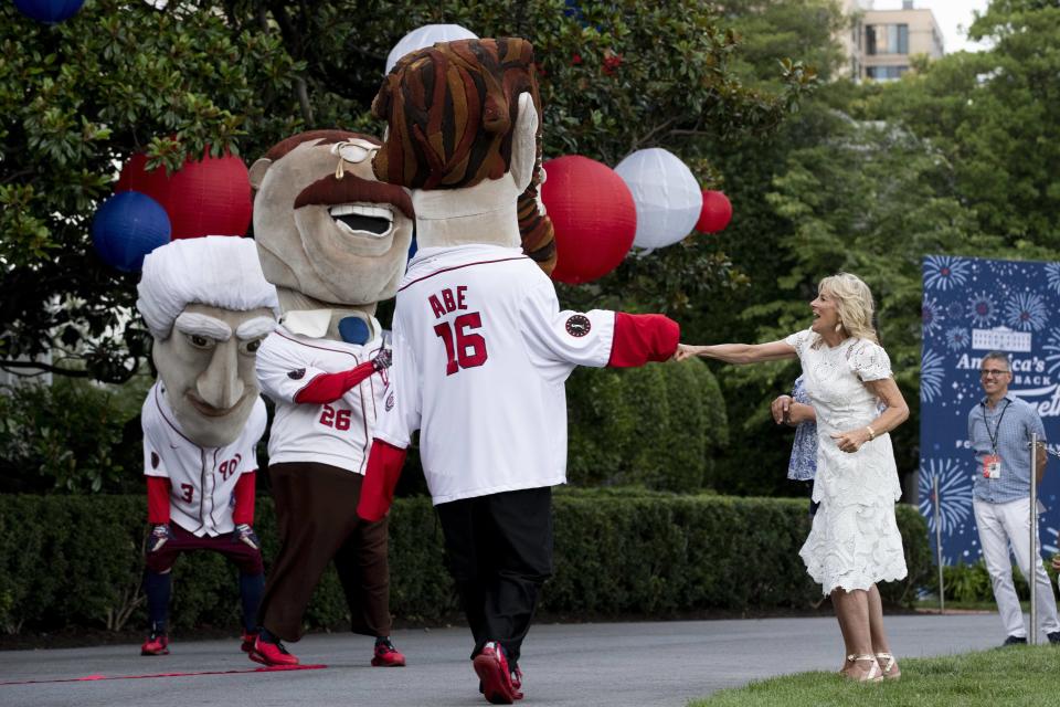 Jill Biden greets the Washington Nationals’ presidential mascots on the South Lawn of the White House. - Credit: Michael Reynolds - Pool via CNP / MEGA